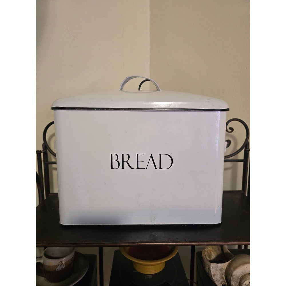 Vintage Farmhouse White Enamel Bread Box Metal Storage Bin with Lid and Handles